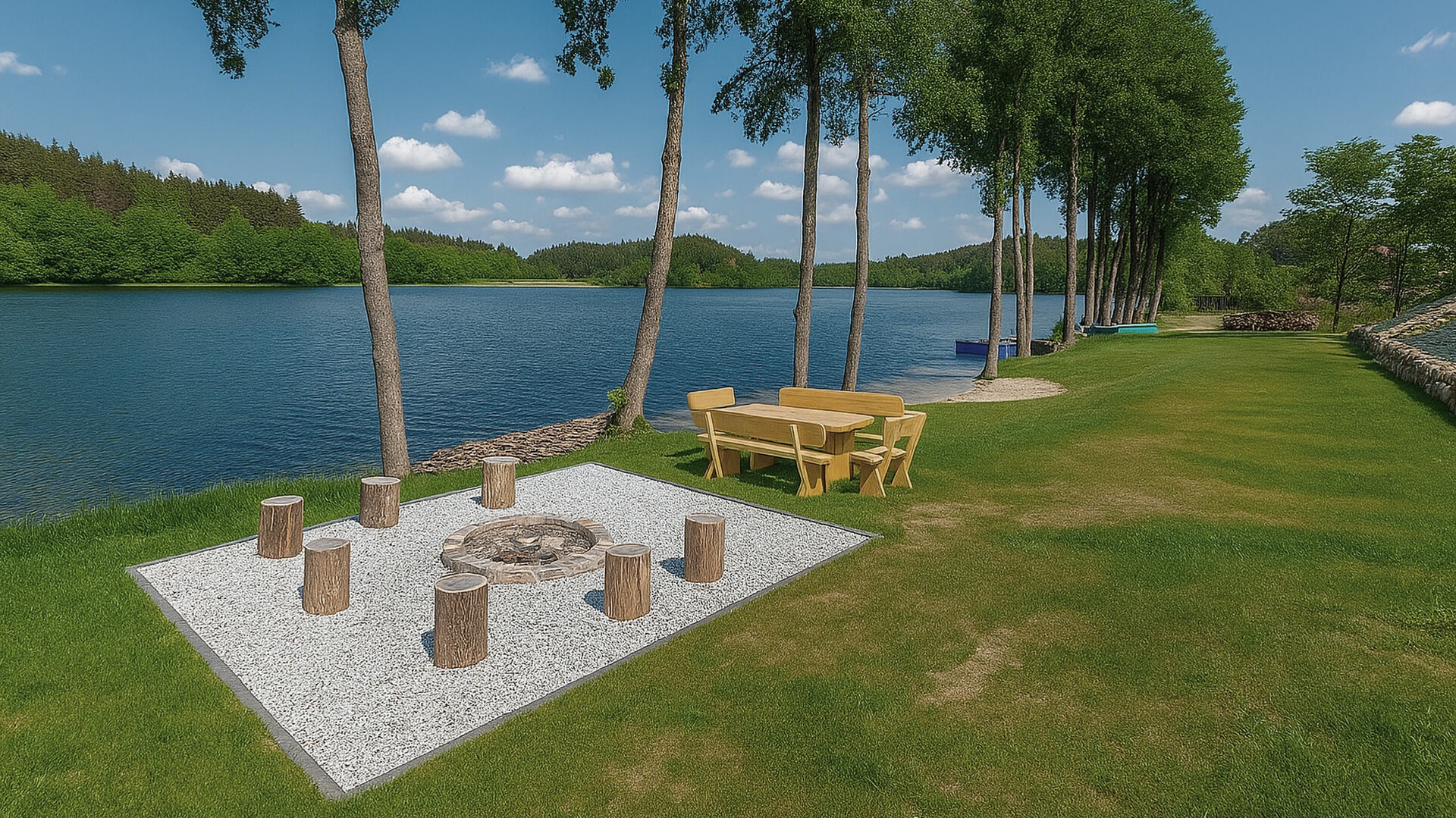 Miejsce na ognisko i drewniane ławki nad jeziorem w otoczeniu lasu – plaża przy domkach Kaszubskie Tarasy